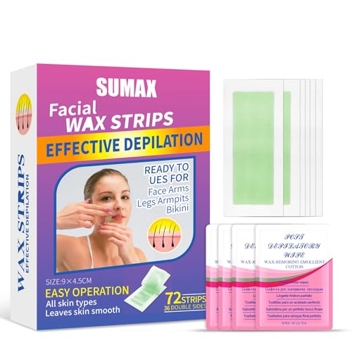 Sumax Wax Strips for Body Hair Removal, 72 Pieces Natural Beeswax Essence and Jojoba Seed Oil Hair Removal Strips for Face, Underarms, Bikini, Legs - Includes 4 Calming Oil Wipes