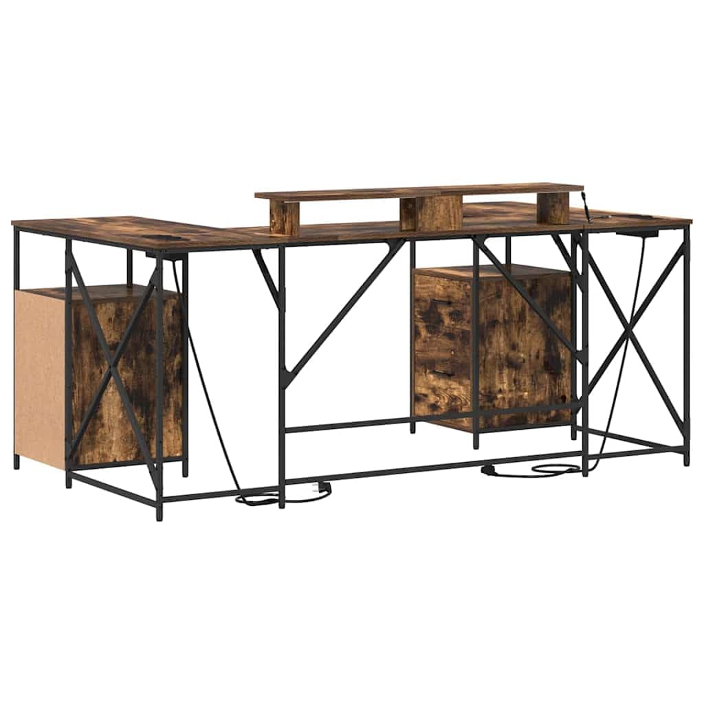 Scrivania affumicatura 182 x 101 x 87,5 cm, materiale in legno, con spazio di archiviazione, illuminazione a LED, gestione cavi, per casa, ufficio, design moderno