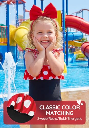Image of Zando Toddler Swimsuit Girl - Cute Ruffle Sling Toddler Bathing Suit Girl, Kids Swimwear with Adjustable Straps, One Piece 3t Swimsuit Girls for Summer Beach Vacation Wear Black and Red Dots 2-3T