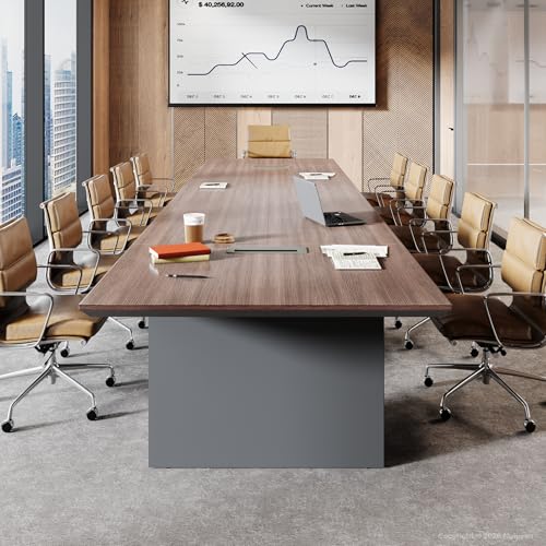 Nuipesn 95' Rectangular Conference Table, 44' Wide Boardroom Table for 8-10 People, 30' Height, 1.6' Thick Top, Center Cable Grommet, Walnut & Gray
