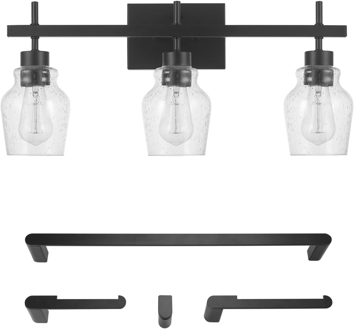 Globe Electric 52063 Bunbury 5-Piece All-in-One Bathroom Set, Matte Black, 3-Light Vanity Light with Seeded Glass Shades, Towel Bar, Towel Ring, Robe Hook, Toilet Paper Holder