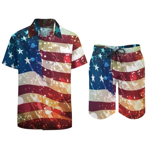 Conjunto de camisa con botones y pantalones cortos para hombre diseño Firework and U.S. Flag 5