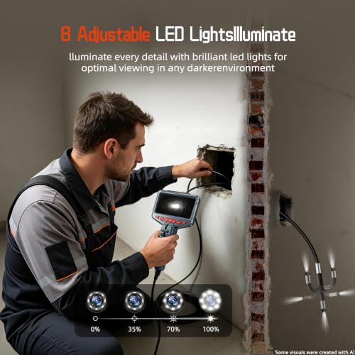 Image of Two-Way Articulating Borescope, 1080P HD Industrial Endoscope Inspection Camera with 8 LED Lights, Mechanical Tool for Automotive, HVAC, Plumbing, IP67 Waterproof & 5ft Semi-Rigid Flexible Snake Probe