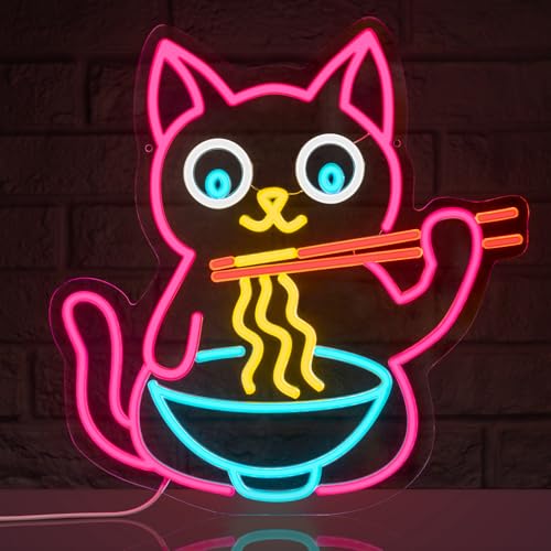 Image of Ramen Cat Neon Sign for Wall Decor, Cute Cat Neon Sign Ramen LED Signs for Wall Art Decor Restaurant Home Bar Kitchen Dining Bedroom Art Decor Christmas Gifts