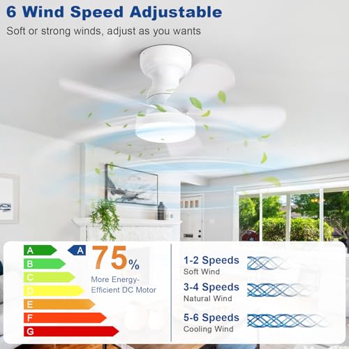 Image of Depuley Small Ceiling Fan with Lights: 28-Inch Flush Mount Fan with Light and Remote - White Low Profile Ceiling Fans Reversible Quiet DC Motor for Bedroom Living Room Indoor Outdoor