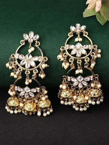 Image of Rubans Long Dangler Earrings Kundan & Pearl Ethnic Jewellery Gift for Women & Girls