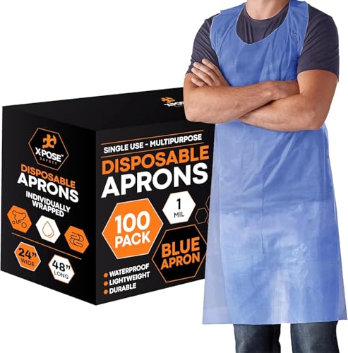 Image of Xpose Safety 100 Pack Blue Plastic Disposable Bulk Aprons, Individually Wrapped Waterproof Polyethylene Aprons for Cooking, Food Prep & Cleaning, 1 Mil Durable Plastic, 24 inch x 48 inch
