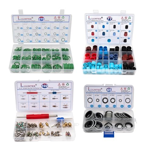 Luumtee 4 Set Car A/C Repair Kits,270pcs O-Ring Seals Kit+102PCS A/C Valve Core Kit+77pcs Charging Port Dust Caps+45pcs Compressor Gasket Seals(494PCS)