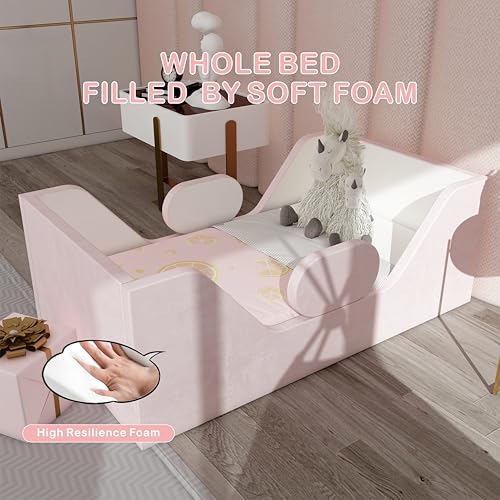Toddler Bed, Child Bed for Kids with Extra Safty Broad, Standard Crib Size Toddler Bed, Certified Fabric Toddler Beds,Toddler Flood Bed (Mixed Pink&White)