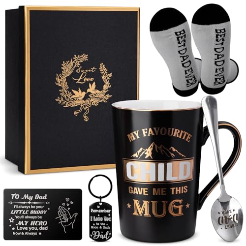 Doublewhale Dad Gifts from Daughter Son Wife Funny Birthday Gifts Set with Coffee Mug Spoon Socks Keyring Wallet Card Gift Box Dad Birthday Fathers Day Presents for Stepdad Daddy Papa Husband