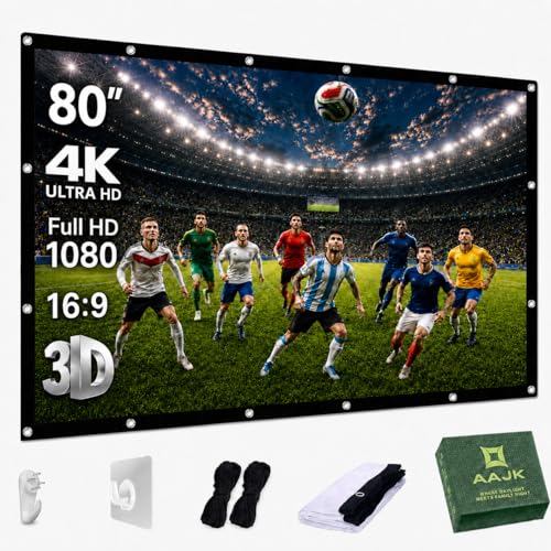 AAJK 80 inch Projector Screen, Washable Projector Screen 16:9 Foldable Anti-Crease Portable Projector Movies Screen for Home Theater Outdoor Indoor Support Double Sided Projection