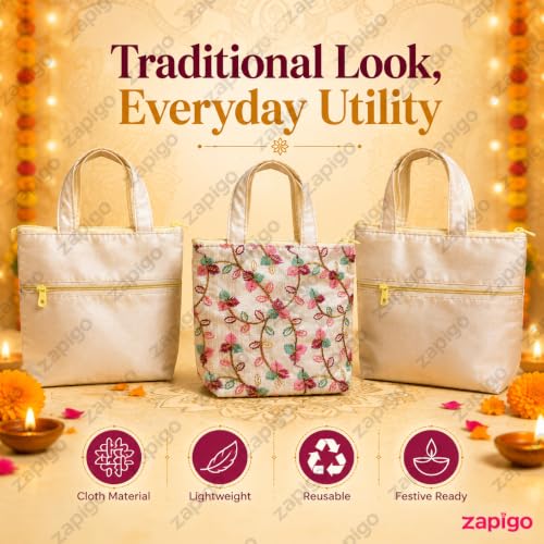 Image of Habba Embroidered Floral Tote Bag for Women, Zip Closure Compact Ethnic Festive Wedding, Mehendi, Haldi, Navratri, Diwali, Baby Shower, Gruhapravesam Return Gift Bag, Pack of 10