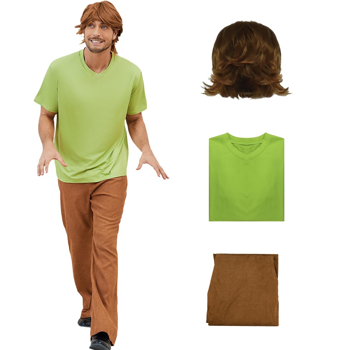 AYYOHON Halloween Costume Wig Mens Shirt Pants Set Classic Movie Character Cosplay Outfits Halloween Fancy Dress Suit 2XL