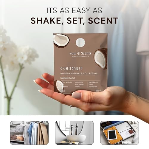 Image of Soul & Scents Coconut Fragrance Sachet | A Blend of Toasted Coconut, Vanilla & Musk | Long-Lasting Air Freshener for Car, Wardrobe, Kitchen, and Travel Bag | Pack of 3-20gm Each