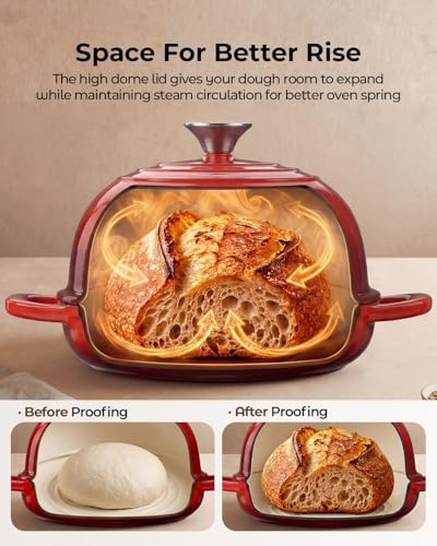 Image of 5QT Enameled Cast Iron Sourdough Bread Oven & Starter Kit, Red | Tight-fitting Dome Lid Helps Retain Steam, Baking Kit Supports Proofing, Scoring & Dough Transfer, Complete Artisan Bread Set
