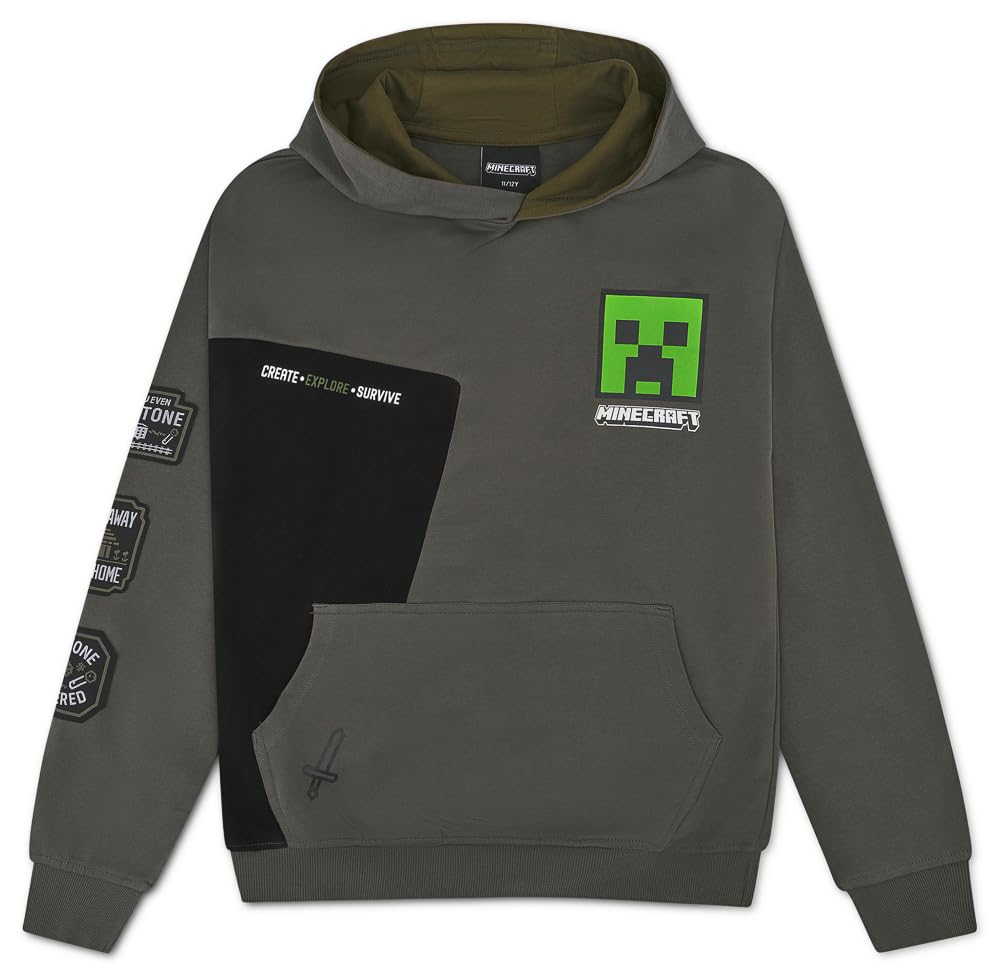 Minecraft Chándal para niños – Conjunto oficial de sudadera con capucha y pantalones deportivos para niños, chándal de algodón gris Creeper Gaming, edad 5-12 años