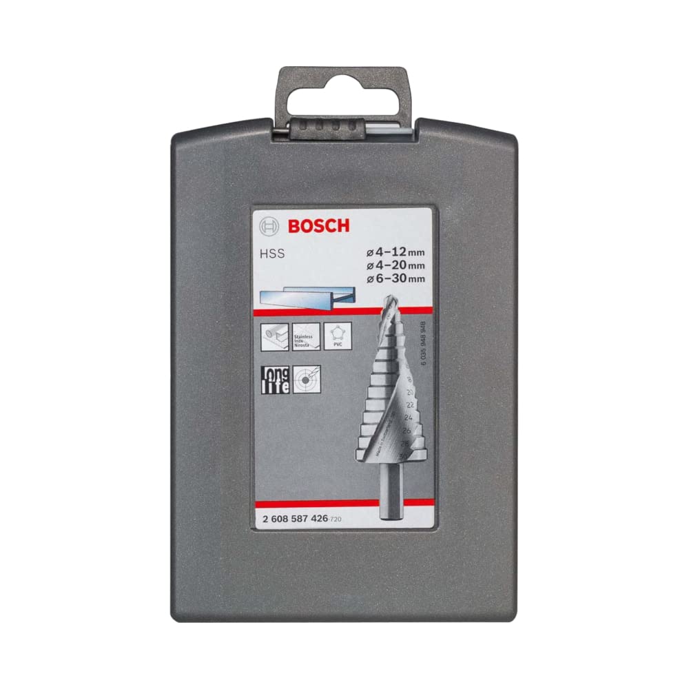 Bosch Professional 3 pz. Set di punte a gradini HSS con codolo a tripla superficie (per Metallo, Ø 4-12/4-20/6-30 mm, Accessorio per Trapani)