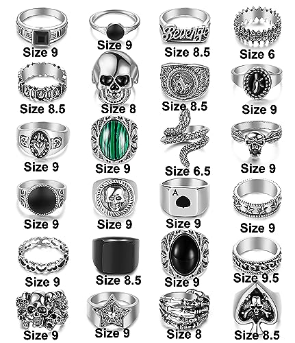 24PCS Punk Rings Set for Men Vintage Cool Gothic Rings Sliver Hippie Stacking Knuckle Ring Skull Snake Poker Rings Pack2