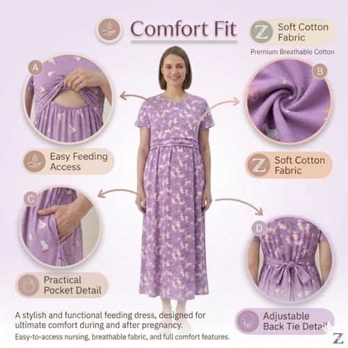 Image of Zero Clothing Feeding Dress for New Moms Casual Loungewear Ankle Length | Cotton Maternity Nighty | Zipless Feeding Dresses for Women | Pregnancy & Nursing Wear