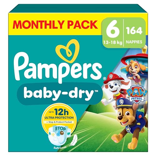 Pampers Baby-Dry Paw Patrol Edition Size 6 164 Nappies 13kg-18kg Monthly Pack Up to a 100% Leak-Free & Comfortable Night