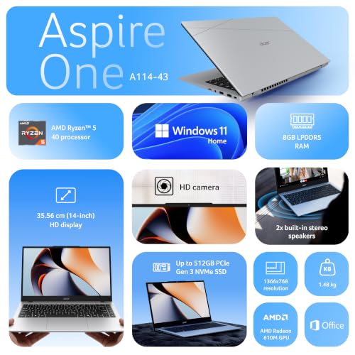 Image of Acer Smartchoice Aspire One, AMD Ryzen 5-40,Office 2024 + M365 Basic, 8GB LPDDR5 RAM / 512GB SSD, 14.0 inch /35.56cm WXGA Display, Win 11 Home, Pure Silver, 1.48KG, A114-43, Thin and Light Laptop