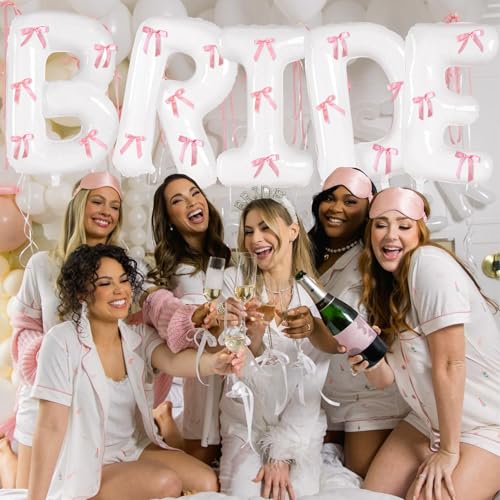 Image of 40inch Bride Balloons with Bow-Jumbo Bride to Be Balloons for Bridal Shower Bachelorette Party Decorations and Engagement Party Supplies Coquette Party Decor(Pink Bow)