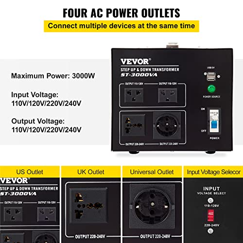 Vevor Voltage Converter Transformer,3000W Heavy Duty Step Up/Down Transformer Converter(240V To 110V, 110V To 240V),2 Us&1 Uk&1 Universal Outlet With Circuit Break Protection,5V Usb Port,Ce Certified #TOP2
