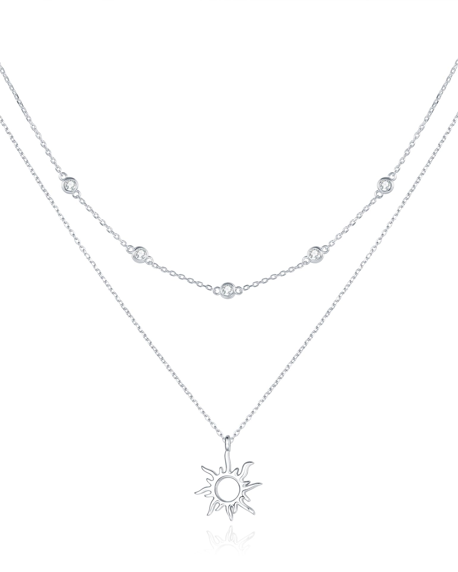 FANCIME Layered Kette Damen mit Sonne Anhänger, 14K Weißgold