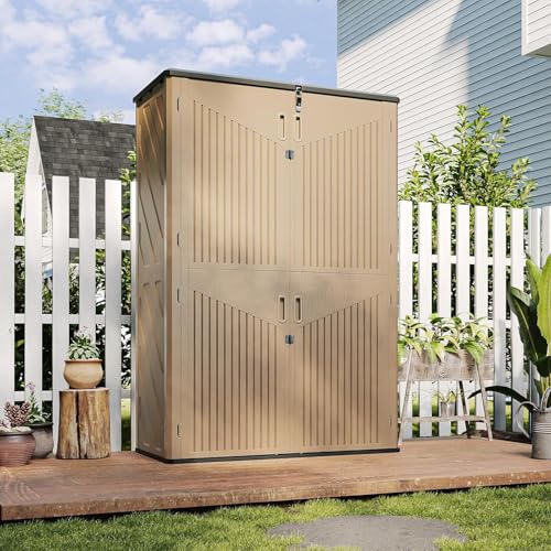 Image of Aoxun Outdoor Storage Shed, 64 Cu.Ft Vertical Storage Sheds Outdoor with Floor, Outdoor Waterproof Storage Cabinet for Garage Storage, Pool Storage (Brown)