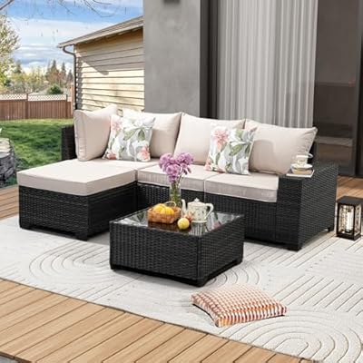 JOYURE 5 Pieces Patio Furniture Set All-Weather Outdoor Wicker Sectional Conversation Sofa Rattan Patio Seating Sofa with Cushion and Glass Table and Ottoman for Porch,Beige