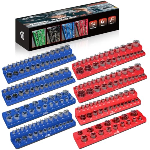 Image of GOOACC 8 PCS Magnetic Socket Organizer, Heavy Duty Socket Organizer Tray 1 /4 inch 3 /8 inch 1 /2 inch SAE Metric Drive Sockets Holds 199, Magnetic Socket Holder for Tool Box Drawer Chest Garage Storage, Blue&Red