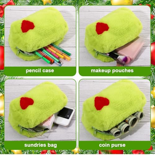 6 Pcs Christmas Fuzzy Green Makeup Bags for Women Plush Green Cartoon Character Cosmetic Pouch with Red Heart and Zipper Cute Travel Toiletry Bag for Christmas Halloween Funny Gifts3