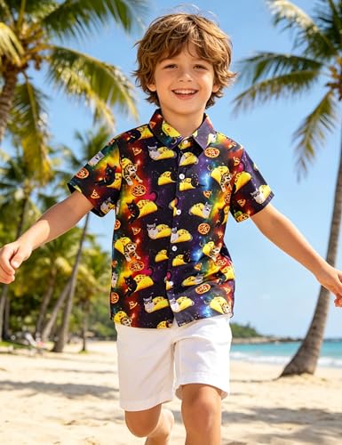 Image of Boys Hawaiian Shirt Kids Button Down Aloha Beach Hawaii Tops 5-14Y | Quick Dry, Breathable, Cooling & Lightweight, For Summer Vacation Holiday, Fourth of July, Youth, Teen, Shark, Dinosaur