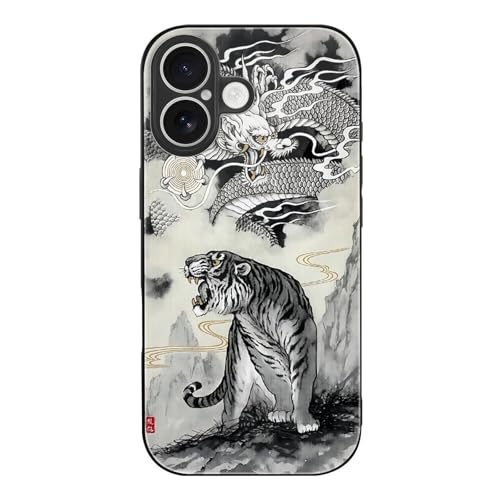 iPhone17用ケース 和風 絵画 水墨画 龍虎 アイフォン17用ケース 強化ガラス スマホケース 2025年新型 TPU 耐久性 おしゃれ 薄型 軽量 ワイヤレス充電対応