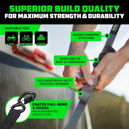 Image of Rhino USA Ratchet Straps Tie Downs (4-Pack) - 1 Inch x 15 Feet (1,823lb Break Strength) - Ultimate Tie Down Straps with Safety S Hooks - for Trucks, Cargo, Moving, Appliances - Grey