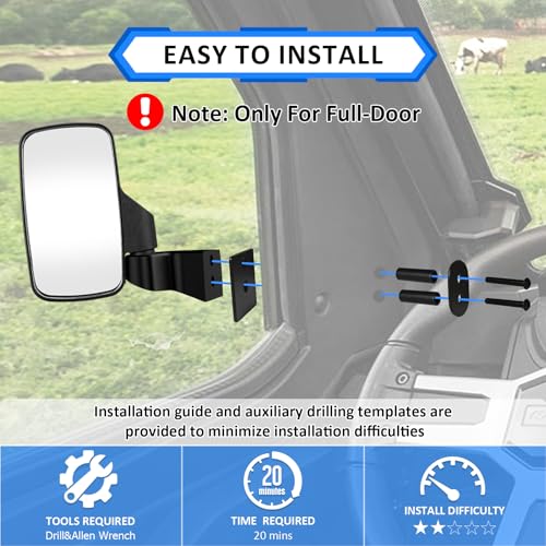 Image of Wsays UTV Side Mirrors Door Mounted Compatible with Polaris Ranger XP 1000 / SP 570 / Crew /Northstar /Commercial Pro XD 2018-2026 (ONLY FOR FULL DOORS)