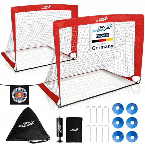 ArtSport Pop-up Fußballtor Goal Master - 2er Set mit Zubehör - faltbar & schnell spielbereit - 2 Fußballtore Indoor & Garten - Fußball Tor - Rot