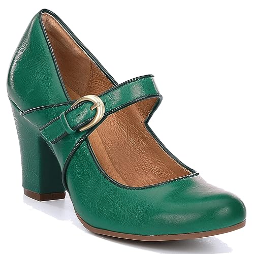 Image of SHODENSE Women Vintage Chunky High Heel Mary Jane Shoes Round Closed Toe Ankle Strap Dress Sandals 3 inch Block Heels Mary Jane Lolita Pumps Two-Toned Patchwork Buckle Office Lady Wedding Retro 4-11 M US