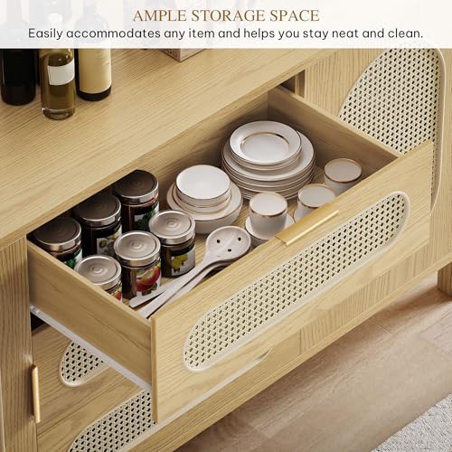 DWVO TV Stand 3 Drawer Dressers Storage Cabinet Natural Rattan Oak Wooden Chest with Golden Handles - Modern Large Closet Boho for Living Room/Hallway/Entryway