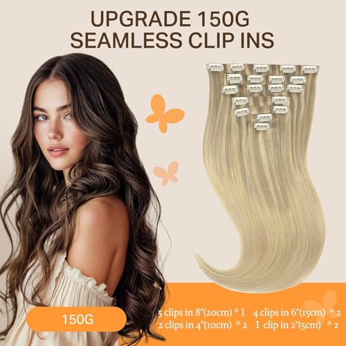 Image of DOORES Clip in Hair Extensions, Ash Blonde to Golden Blonde and Platinum Blonde 14 Inch 130g 7pcs, Seamless Clip in Hair Extensions Natural Straight Hair Thin Weft Invisi Edge Hair Extensions