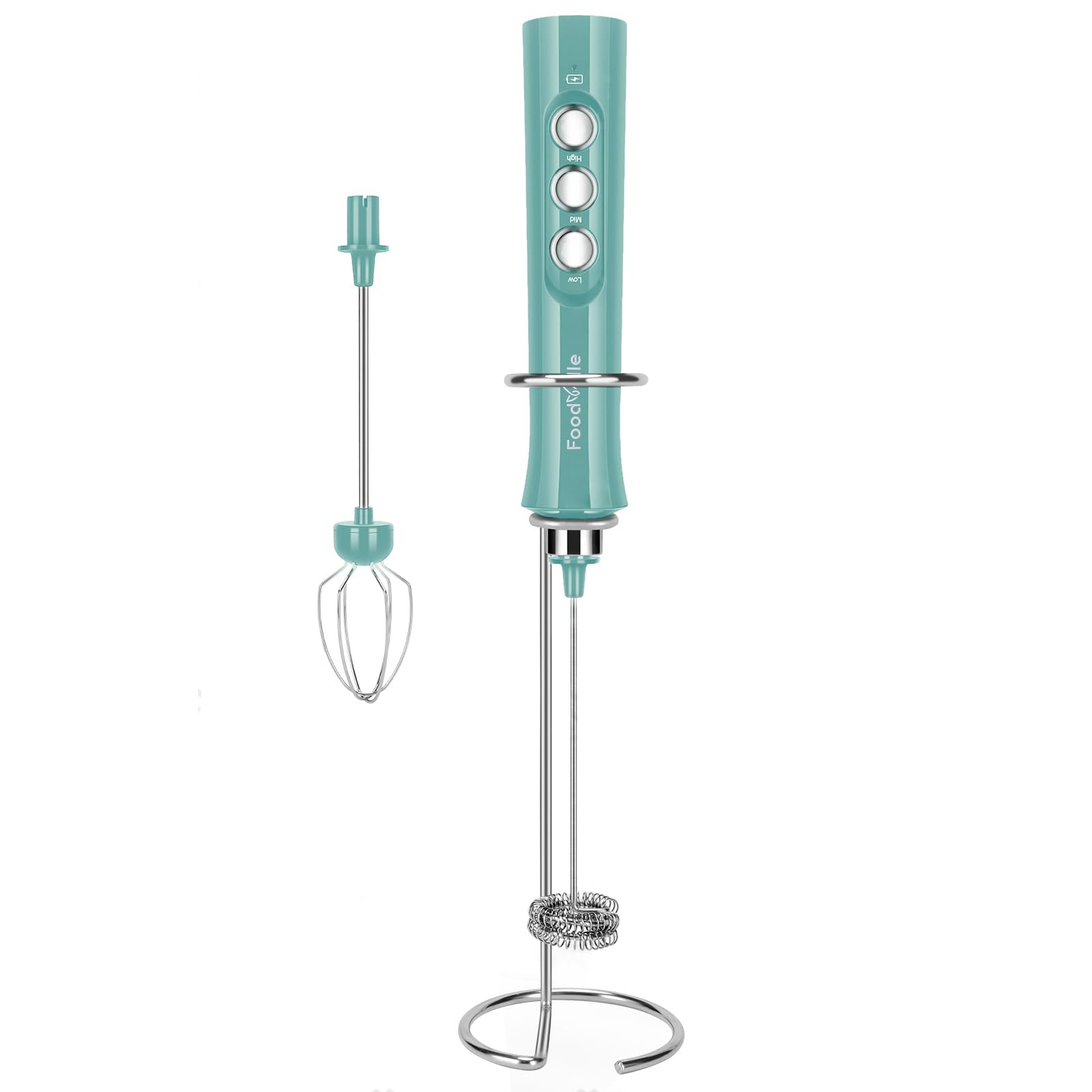 MF02 Rechargeable Milk Frother Handheld Foam Maker with Stainless Whisk for Cappuccino, Latte, Bulletproof Coffee, Keto Diet, Protein Powder, Matcha (Turquoise Green)