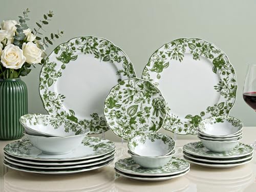 Image of Bodhi House Porcelain Dinner Set 20 Pieces - Green Leaf White Dinnerware Set | 6 Dinner Plates, 6 Quarter Plates, 6 Katori Bowls, 2 Serving Bowls | Premium Crockery Set for Dining, Kitchen & Gifting