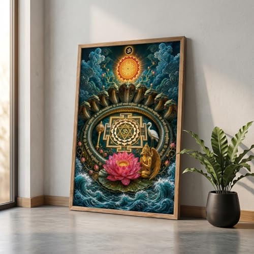 Image of Livin'luxe Sheshnag Om Shree Yantra Lotus Wall Painting for Living Room Bedroom Pooja Room Decor with Premium Wooden Color Synthetic Frame, Spiritual Hindu Art Gift (18 x 24) NL01-4085