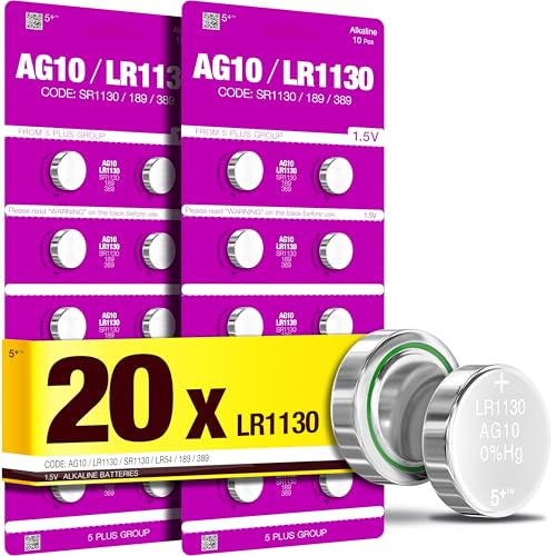 LR1130 AG10 SR1130 389 390 LR54 1.5V Button Cell Batteries (20 Pack) Long Lasting Coin Batteries for Watches Toys Calculators & Small Electronics