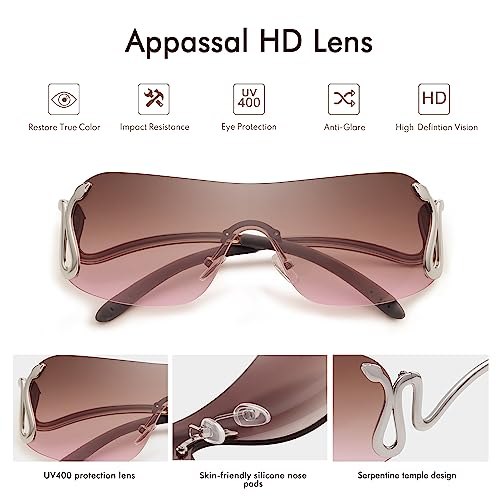 Rimless Y2k Sunglasses for Women Men Trendy Oversized Wrap Around Snake Shades AP3652