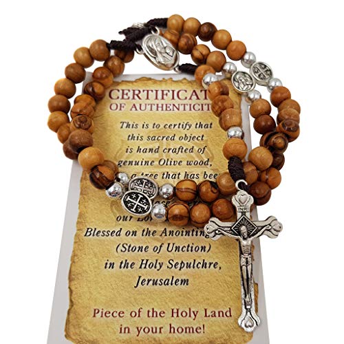 TALISMAN4U Olive Wood Rosary Beads Catholic Necklace With Jerusalem Holy Soil & Certificate In Blue Velvet Rosary Pouch4
