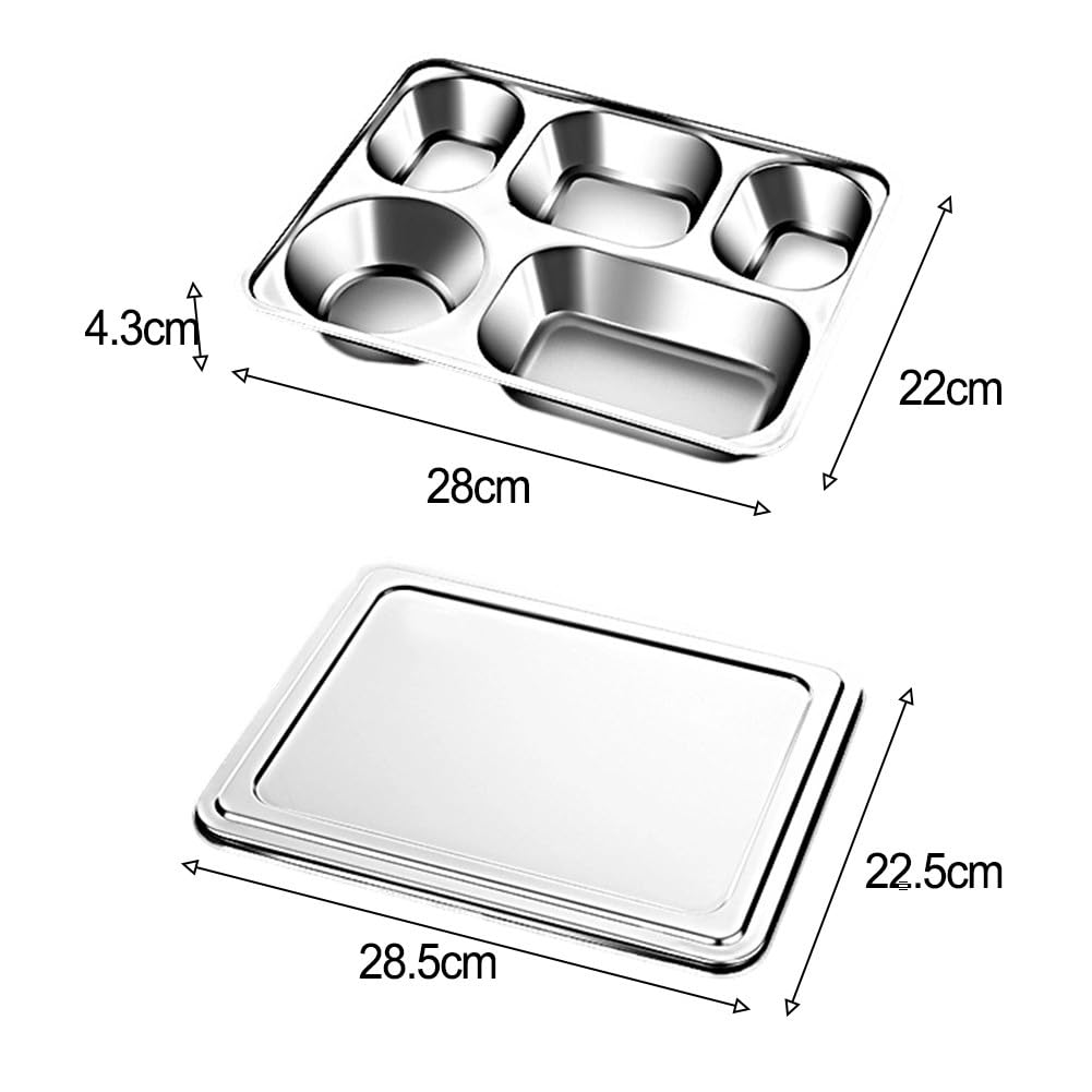 Bandeja de acero inoxidable dividida con tapa, 4/5 compartimentos para adultos, apta para lavavajillas, apilable, bandeja de almuerzo para casa, camping, picnic