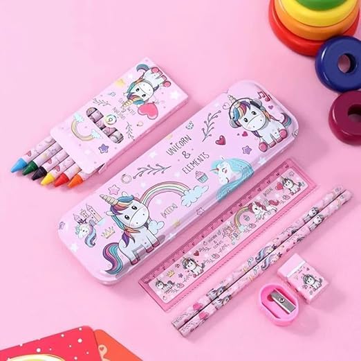 Image of Pack of 6 sets- Unicorn Themed Stationery Set for Kids party I Kit with Pencil box, Pencils, Eraser, Ruler, Sharpener & caryons - Birthday Return Gifts in bulk for Girls 3-10 Years.