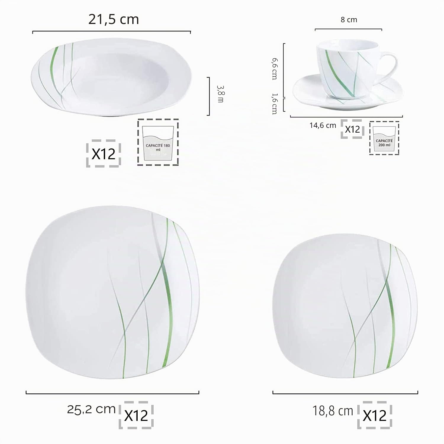 VEWEET AVIVA 60pcs Service de Table Pocelaine 12 Assiettes Plates 24,7cm，12 Assiette Creuse 21,5cm, 12 Assiette à Dessert 19,2cm, 12 Tasses 220 ml et 14,5 cm Soucoupe pour 12 Personnes