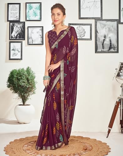 Image of SIRIL Women's Chiffon Printed Saree With Unstitched Blouse Piece